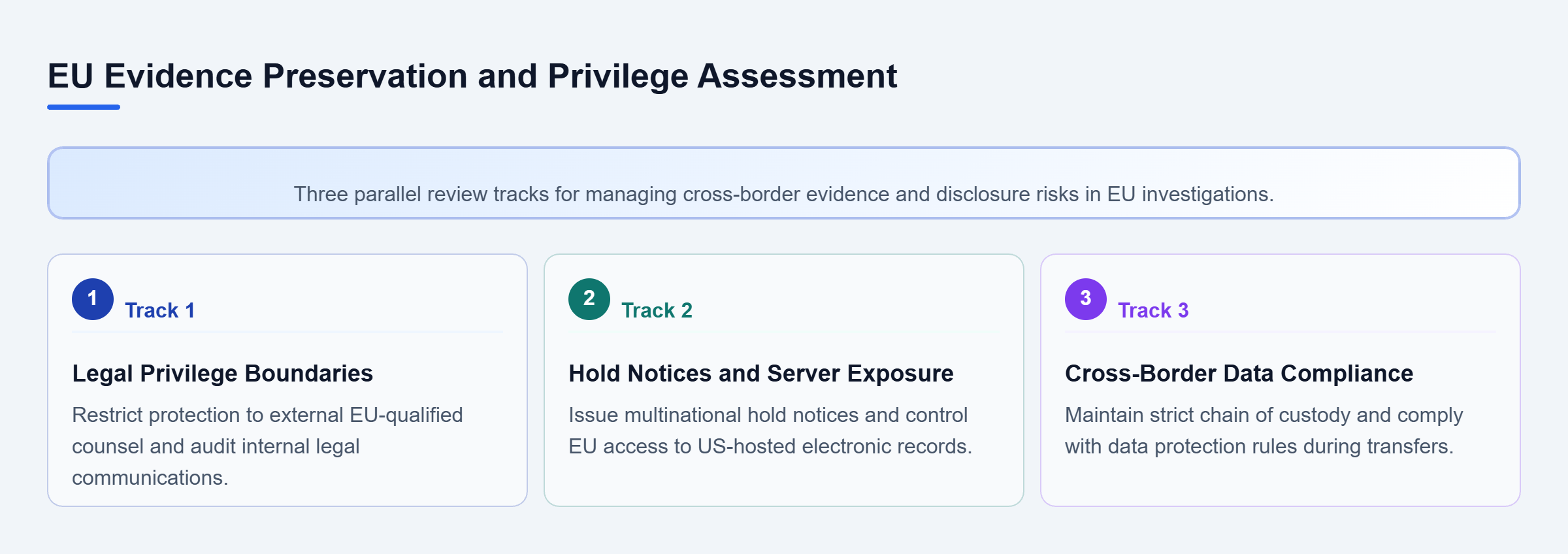 Diagram: Diagram showing three parallel evidence review tracks: legal privilege boundaries, global hold notices and server exposure, and cross-border compliance.