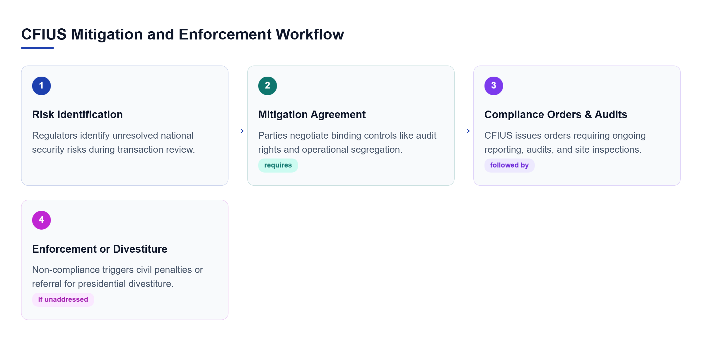 Diagram: Workflow showing national security risk identification leading to mitigation agreements, compliance monitoring, and presidential divestiture orders.