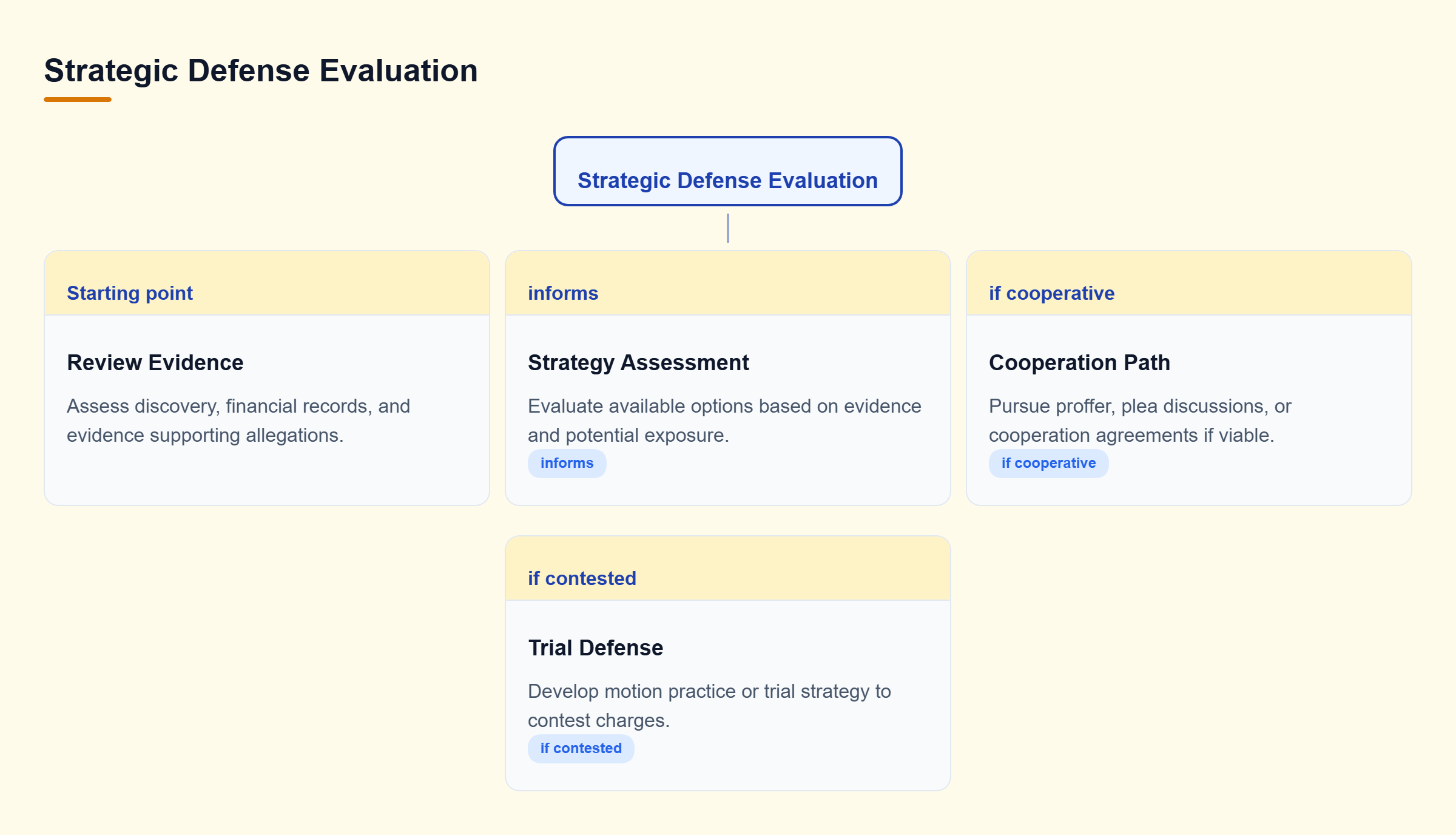 Diagram: Decision tree showing defense counsel evaluating discovery and records to decide between pursuing plea negotiations or preparing for trial defense.