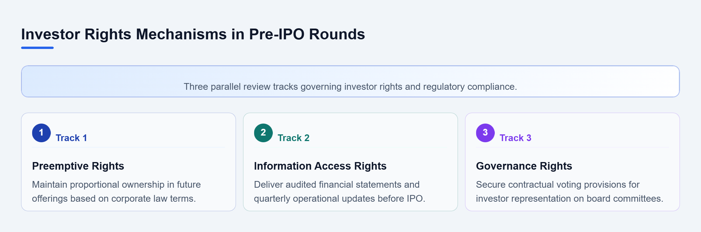 Diagram: Checklist diagram showing preemptive rights, information access rights, and governance rights as three parallel tracks.