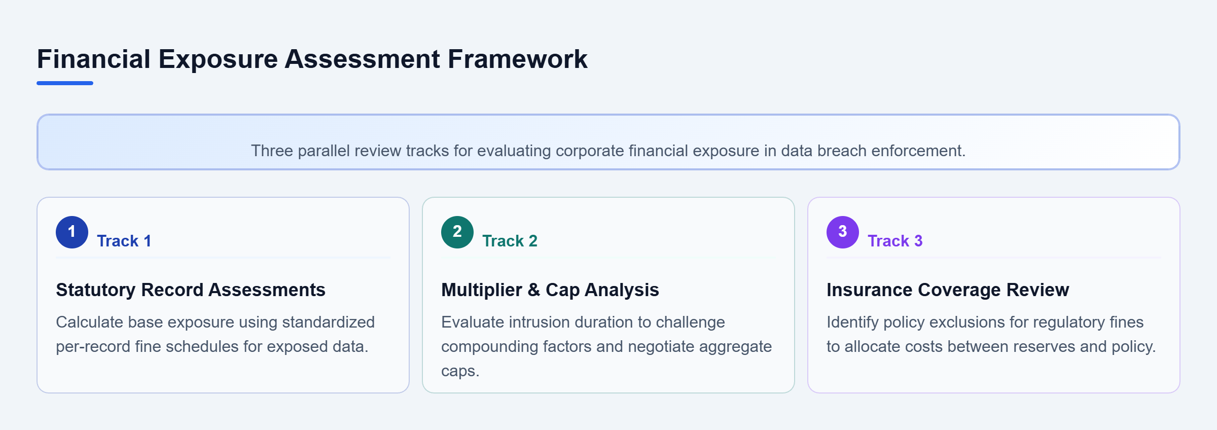 Diagram: Three review tracks assessing statutory record fines, penalty multiplier calculations, and commercial insurance coverage gaps.