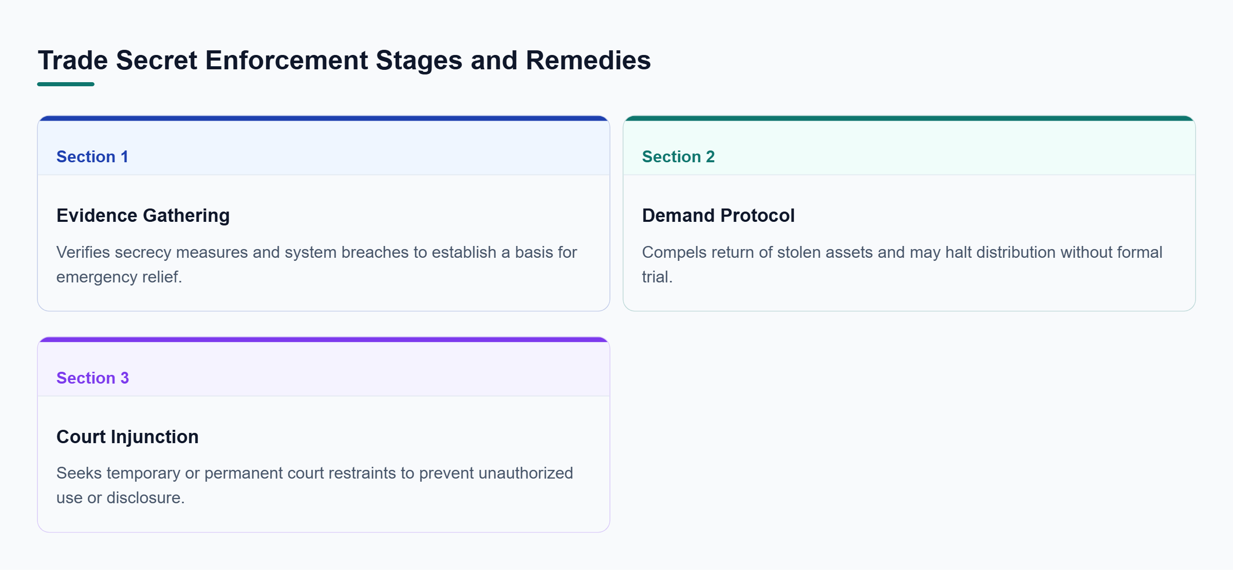 Diagram: Comparison matrix evaluating evidence gathering, demand protocols, and court injunctions.
