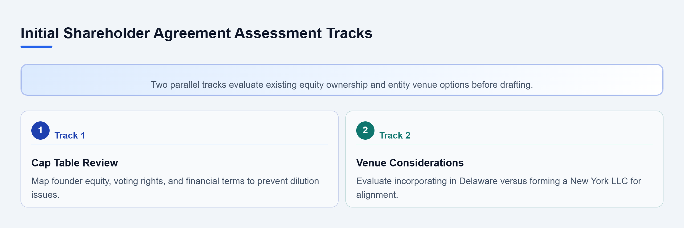 Diagram: Checklist flow showing two parallel tracks: Cap Table Review for equity distribution and Venue Considerations comparing Delaware and New York.