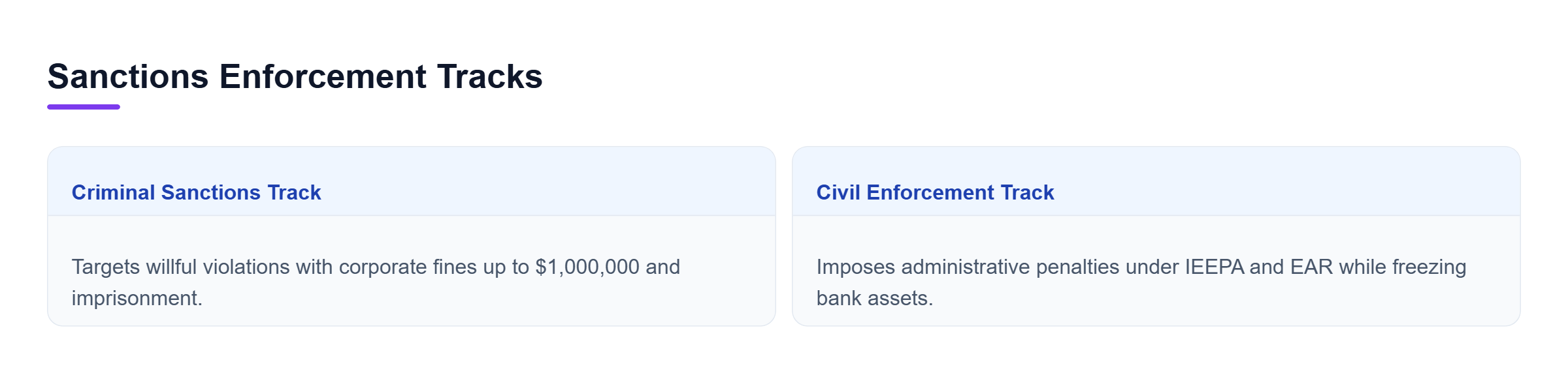 Diagram: Comparison of criminal sanctions prosecution targeting willful individual conduct and civil enforcement imposing administrative fines and asset freezes.