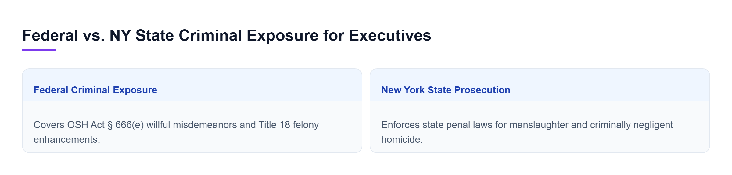 Diagram: Comparison matrix detailing federal OSH Act misdemeanor charges and felony enhancements versus New York state manslaughter and negligent homicide charges.