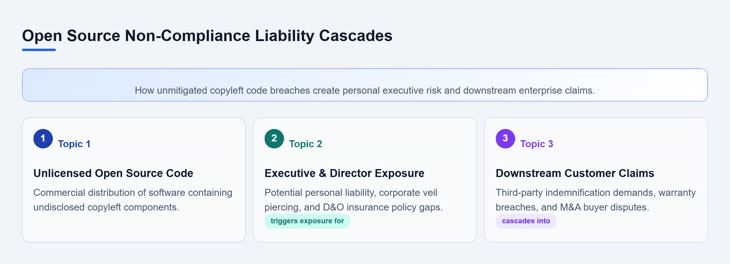 Diagram: Diagram showing how open source non-compliance flows into personal liability for officers and downstream indemnification claims for enterprise customers.