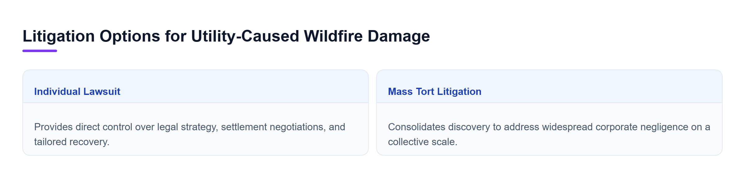 Diagram: Comparison between individual lawsuits, offering full strategic control, and mass torts, offering consolidated discovery for corporate negligence.