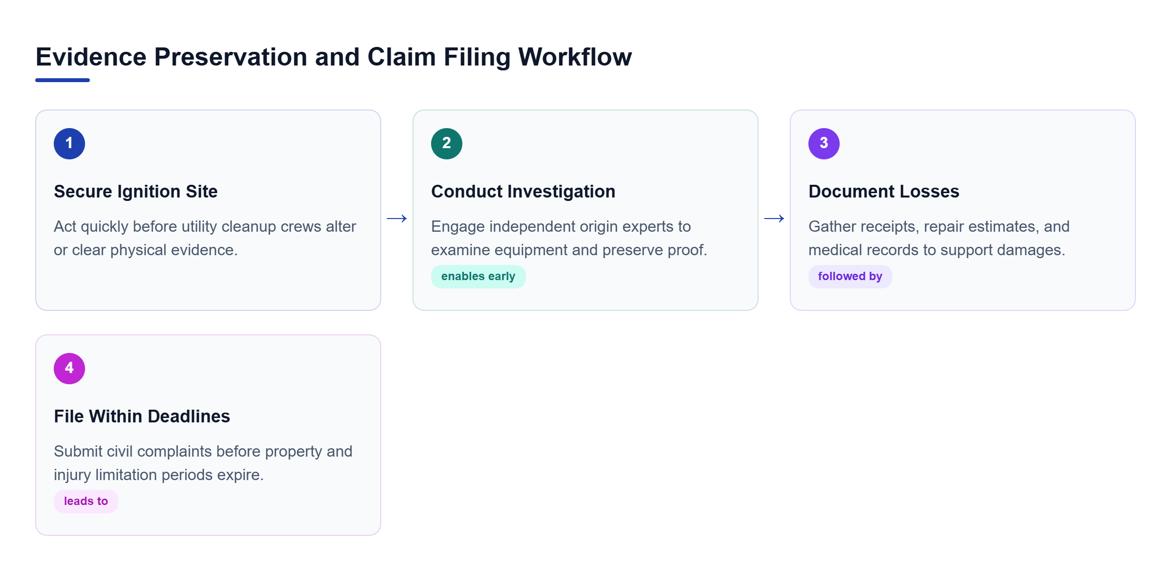 Diagram: Flowchart showing four sequential steps from securing the ignition site to filing property and injury claims within statutory deadlines.