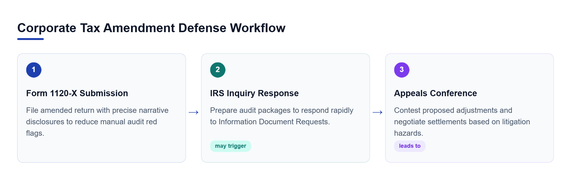 Diagram: Process flow outlining submission drafting, supplemental audit package preparation, and IRS appeals negotiation.