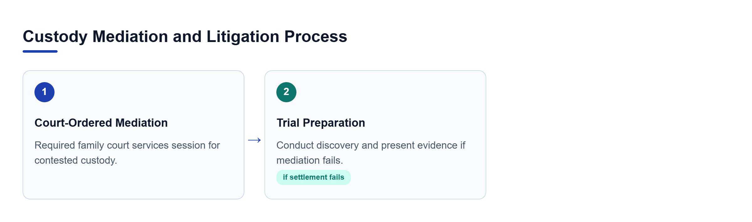 Diagram: Process flow showing mandatory court mediation leading to trial preparation when settlement fails.