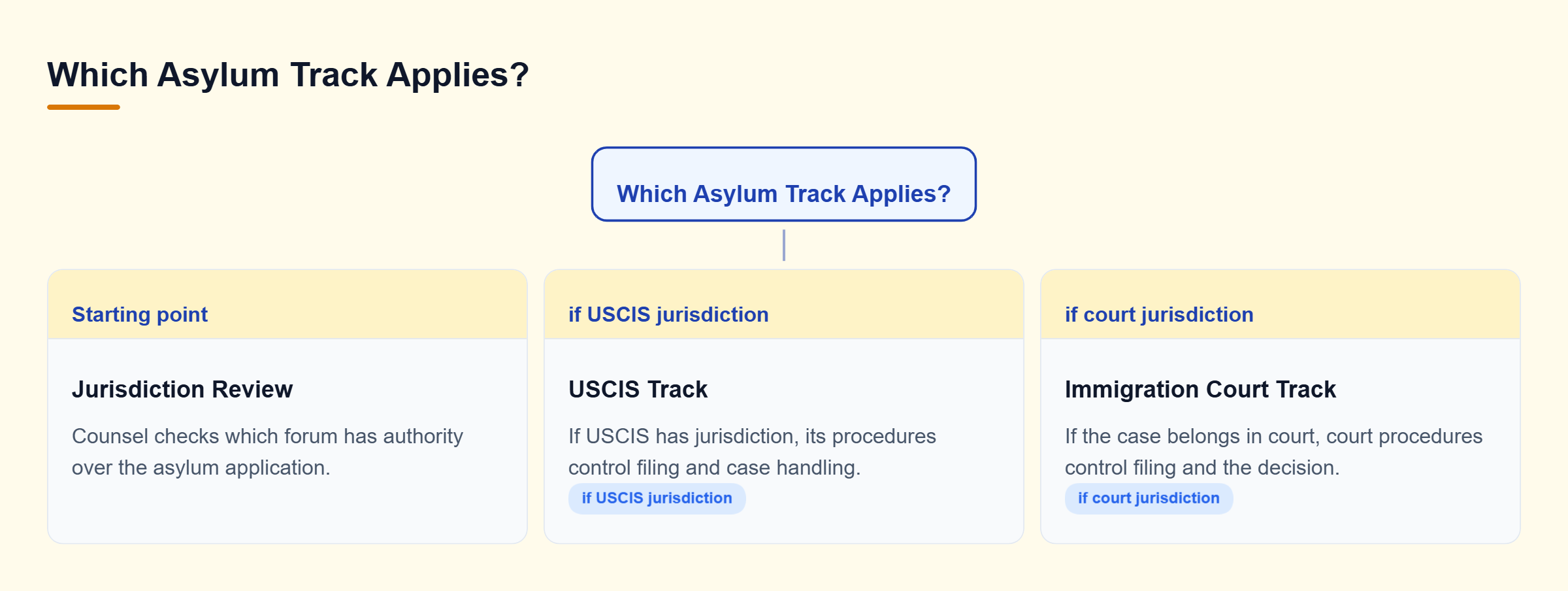 Diagram: A jurisdiction review branches to either the USCIS track or the immigration court track, each controlling how the asylum case proceeds.