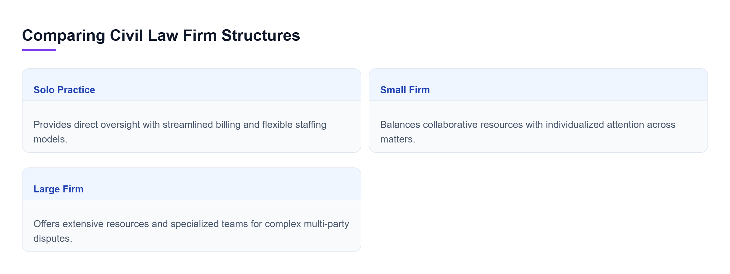 Diagram: Comparison of solo practice, small firm, and large firm structures and resources.