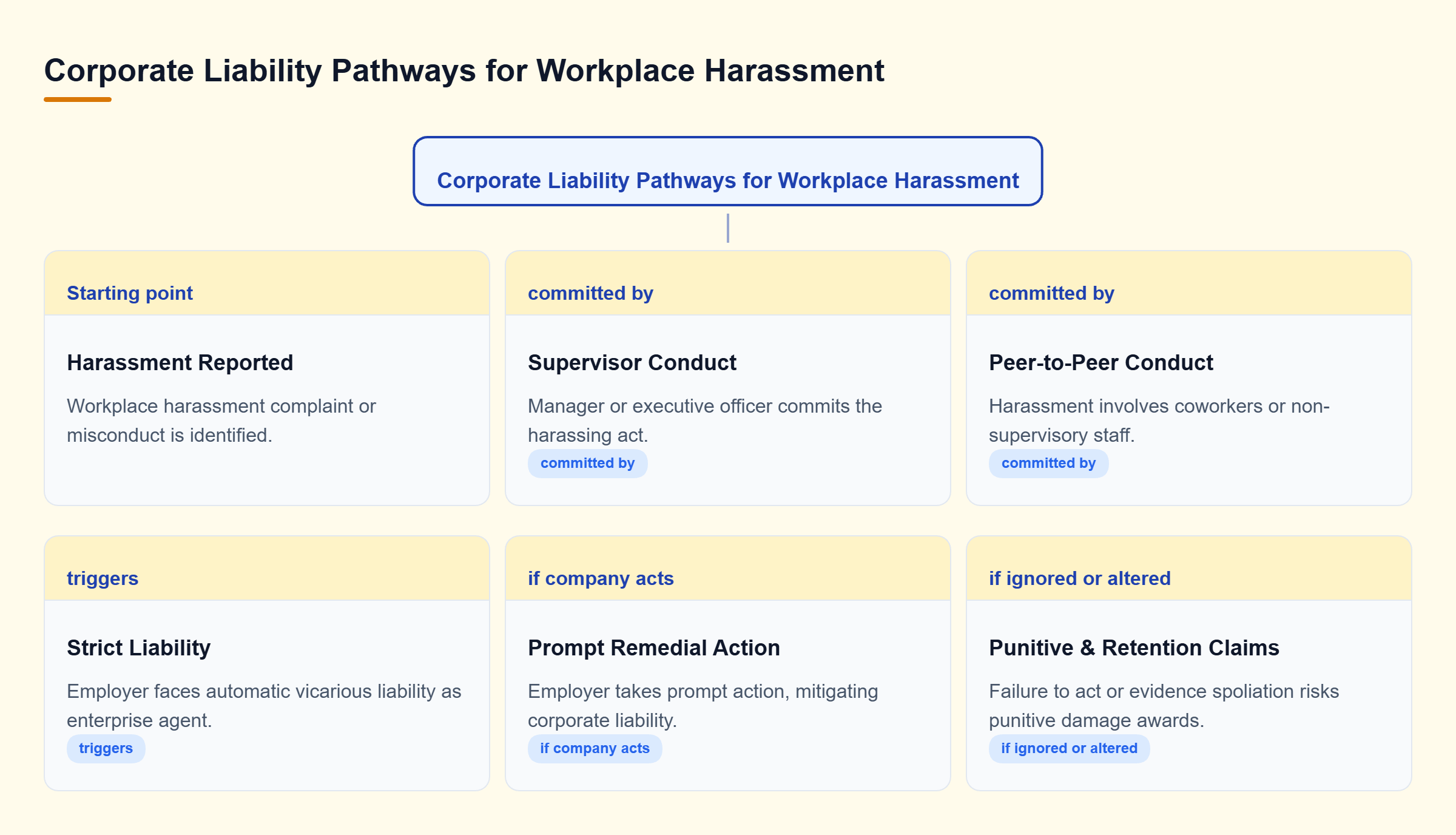 Diagram: Decision tree showing corporate liability paths based on perpetrator role, remedial actions, and evidence preservation practices.