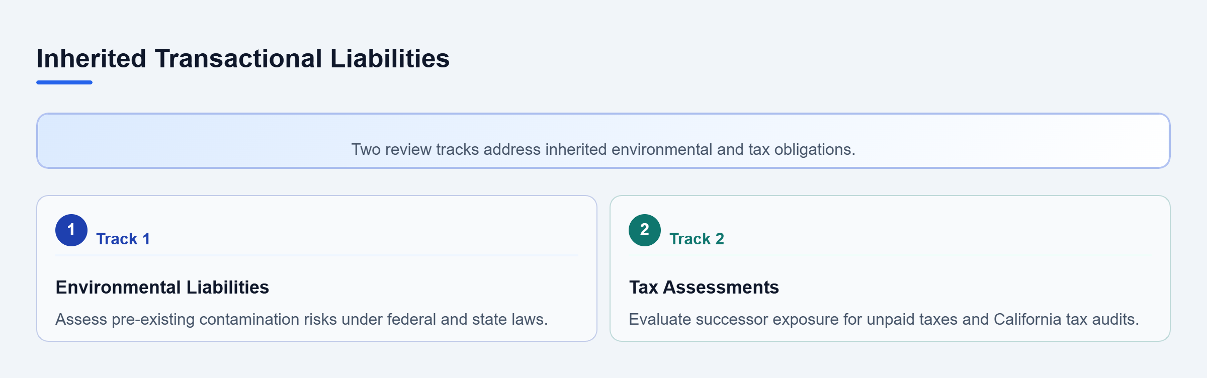 Diagram: Parallel review tracks covering environmental and tax successor liabilities.
