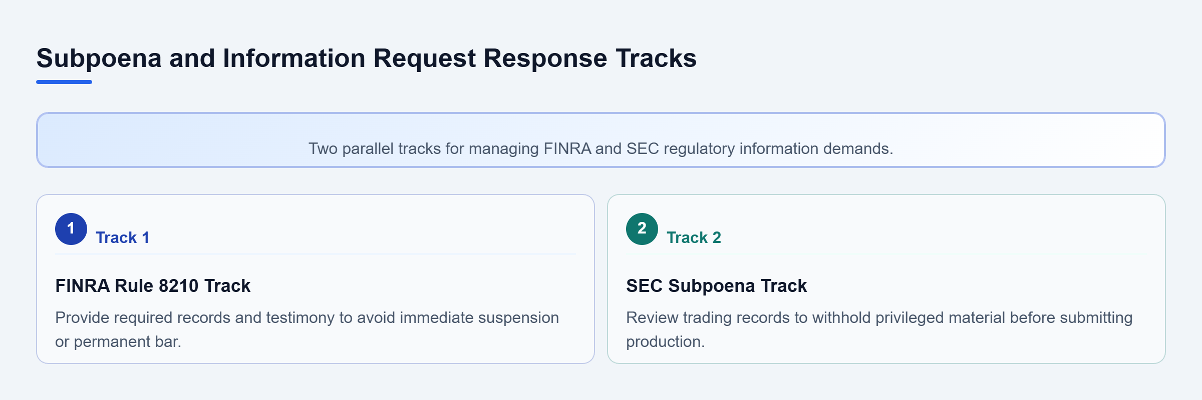 Diagram: Diagram showing parallel response tracks for FINRA Rule 8210 obligations and SEC document production requests.