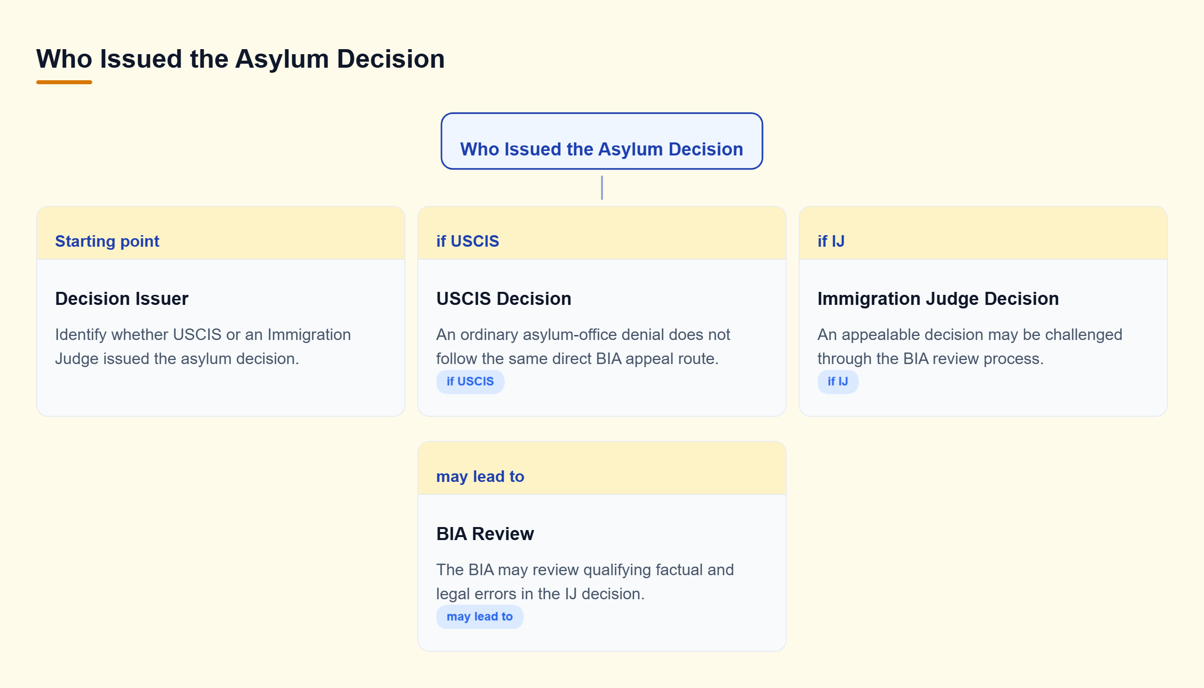 Diagram: Decision tree showing that USCIS asylum-office denials and Immigration Judge decisions follow different review paths, with appealable IJ decisions going to the BIA.
