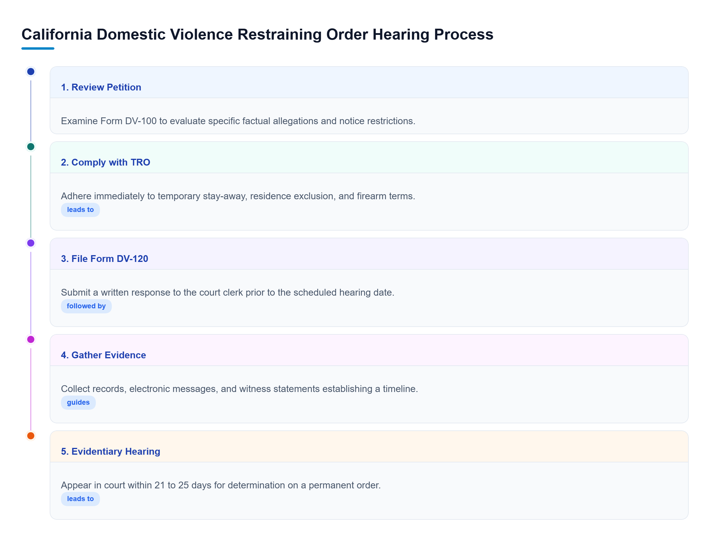 Diagram: Vertical process flow illustrating the procedural steps from reviewing Form DV-100 to appearing at the evidentiary hearing.
