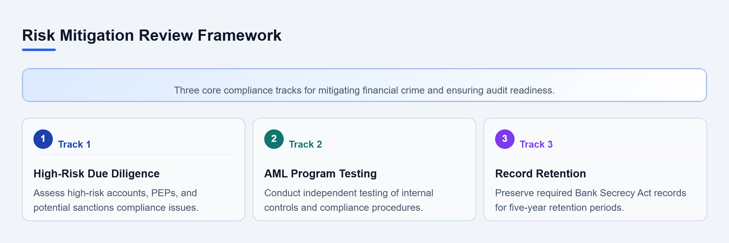 Diagram: Vertical checklist of three parallel risk mitigation tracks: enhanced due diligence, AML program testing, and record retention.