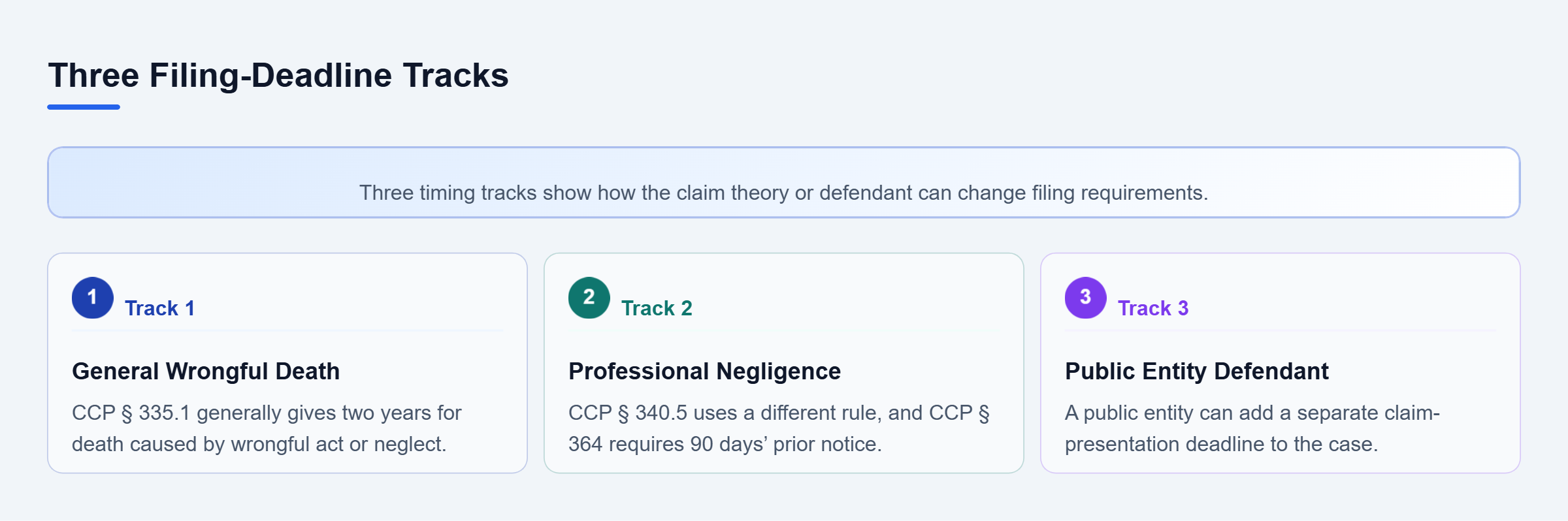 Diagram: Three parallel tracks compare general wrongful death timing, professional-negligence rules and notice, and added deadlines for public entities.