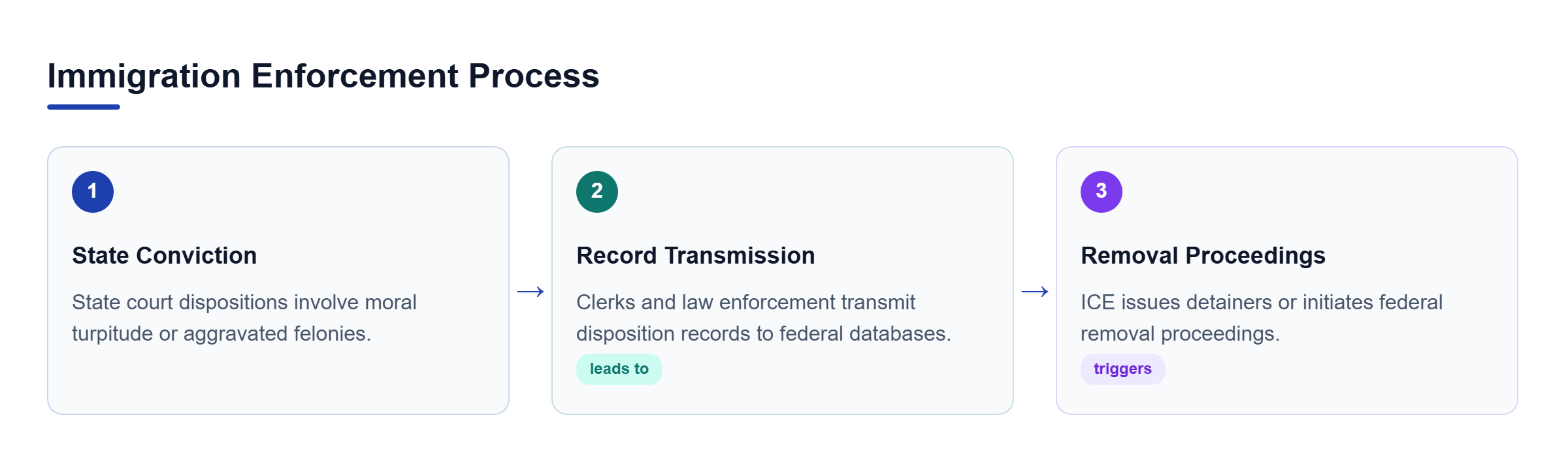 Diagram: Process flow showing how state criminal convictions trigger federal immigration review and removal.