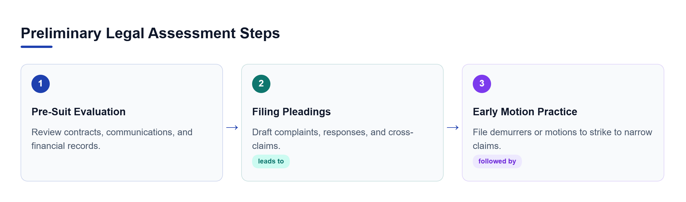 Diagram: Flowchart showing pre-suit evaluation leading to complaint filing and early motion practice.