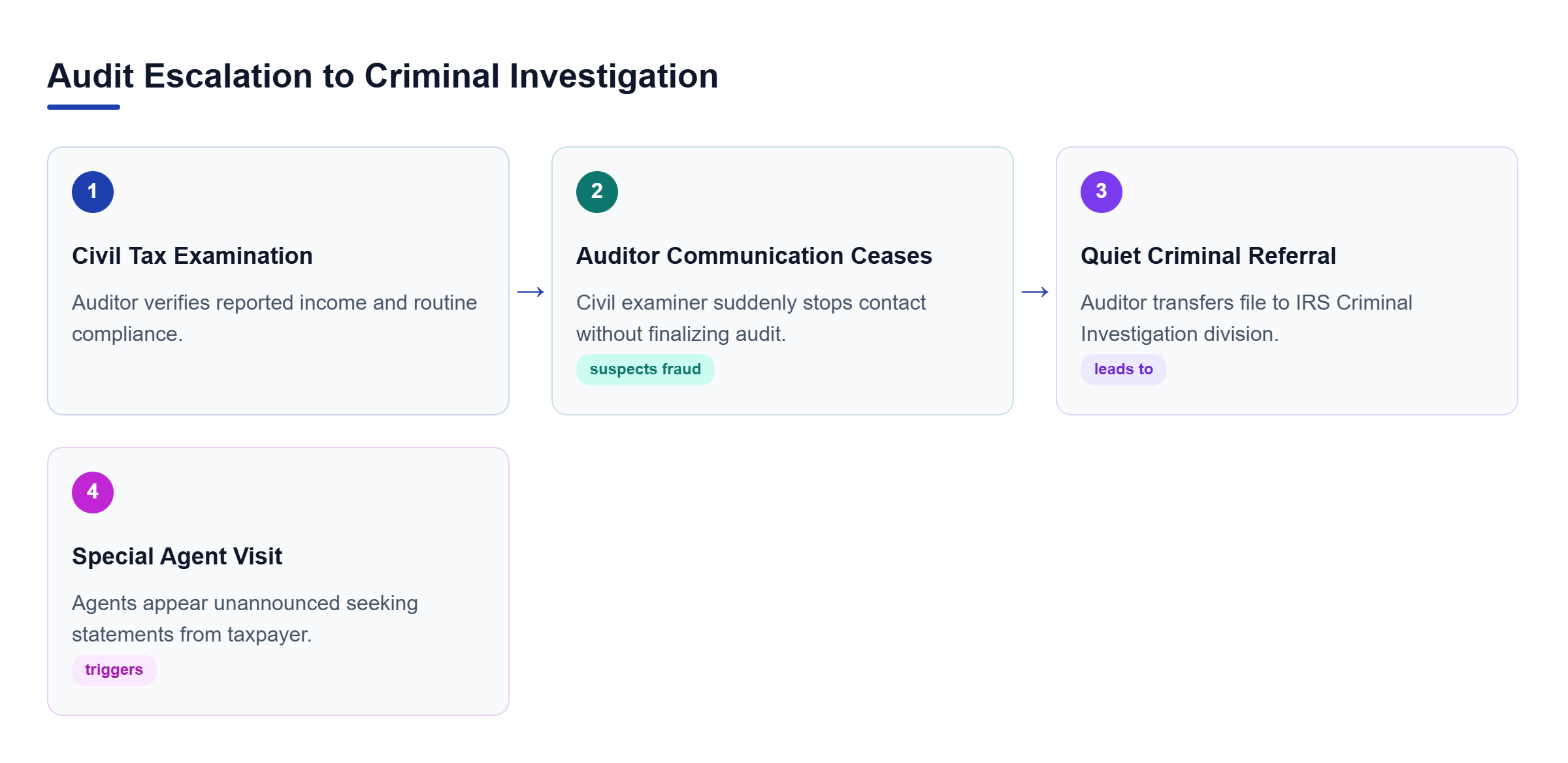 Diagram: Flowchart showing a civil examination leading to auditor silence, quiet criminal referral, and unannounced visits by special agents.