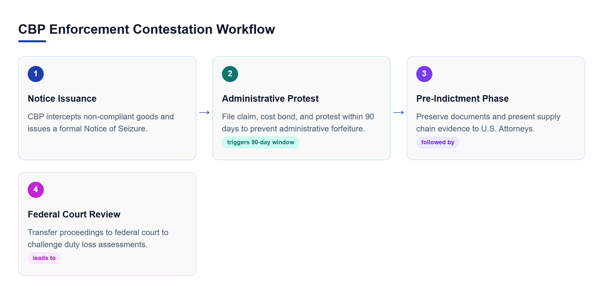 Diagram: Process flow outlining Notice of Seizure, filing protest within 90 days, pre-indictment negotiations, and litigation.