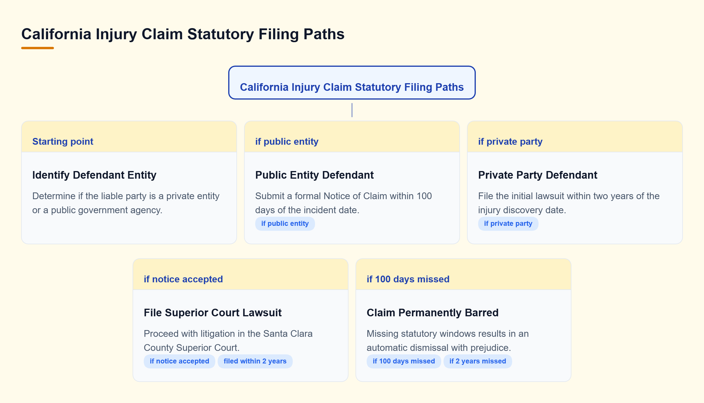 Diagram: Decision tree showing filing paths for private claims under a two-year limit versus public entity claims requiring a 100-day Notice of Claim.