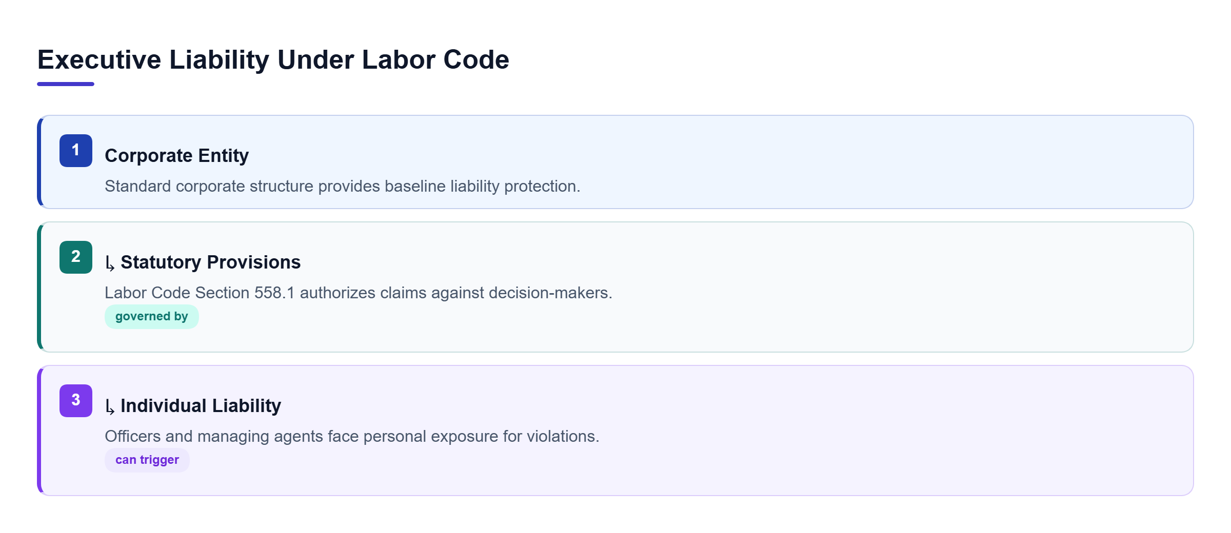 Diagram: Hierarchy diagram showing corporate structures leading to individual officer liability under specific labor code provisions.