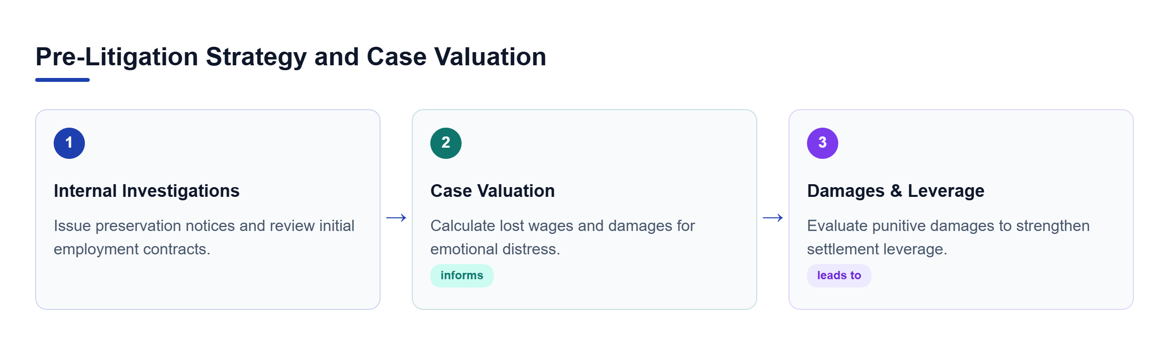 Diagram: Process flow showing internal investigations leading to lost wage calculation and punitive damages assessment.