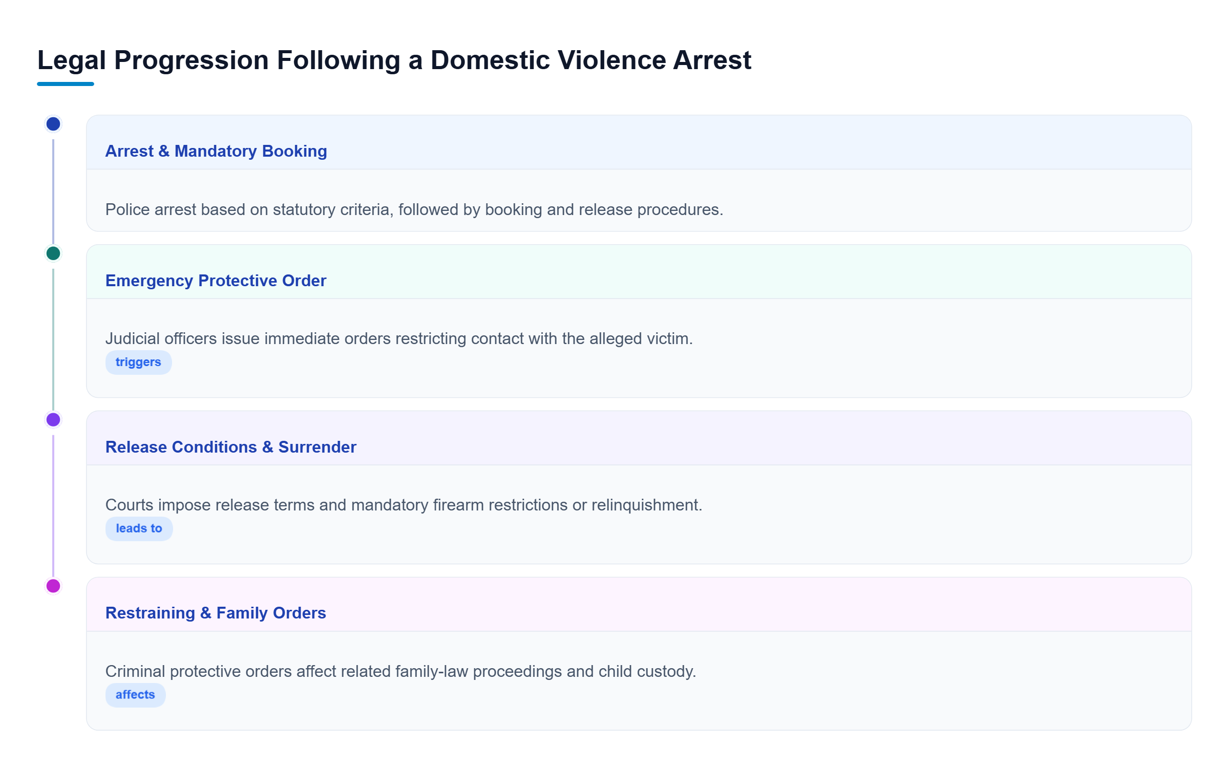 Diagram: Flowchart showing domestic violence arrest, booking, emergency protective order, release conditions, and court impacts.