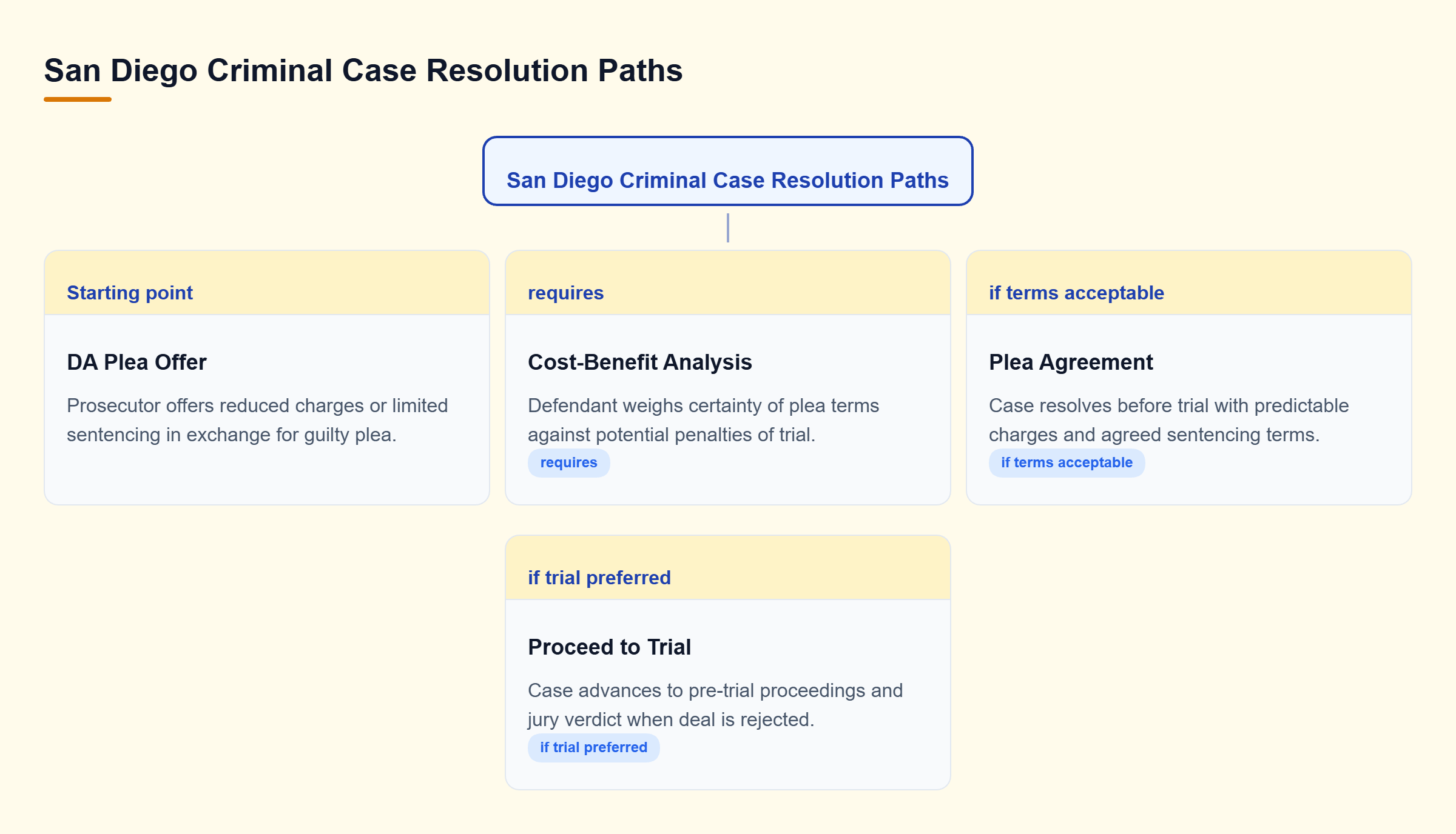 Diagram: Decision tree illustrating case resolution paths based on DA plea terms, risk analysis, and trial choices.