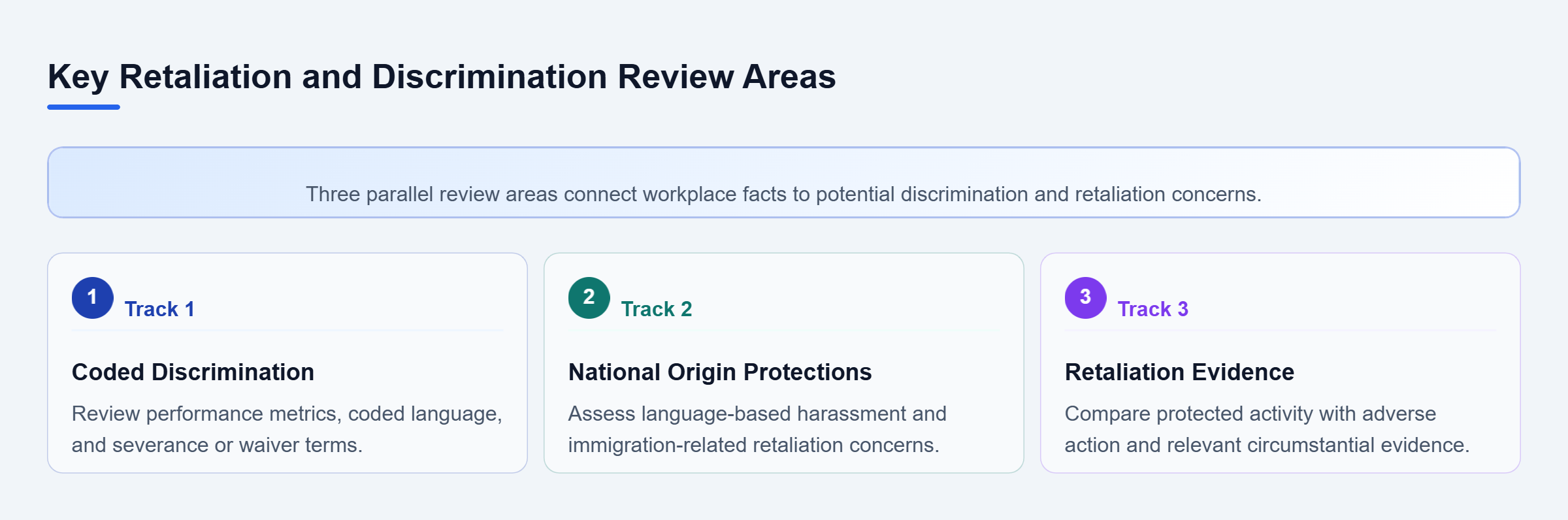 Diagram: Three parallel tracks review coded discrimination and severance, national origin protections, and retaliation evidence after a workplace complaint.