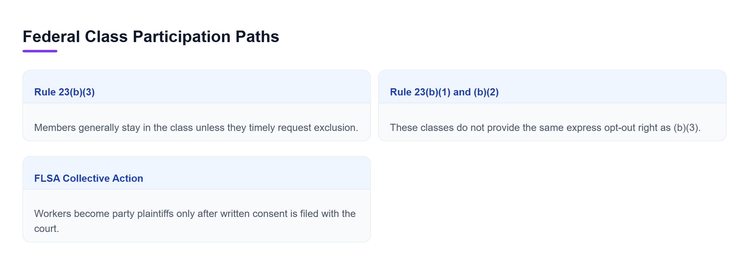Diagram: Comparison of Rule 23(b)(3) opt-out classes, Rule 23(b)(1) and (b)(2) classes, and FLSA collective actions requiring opt-in consent.
