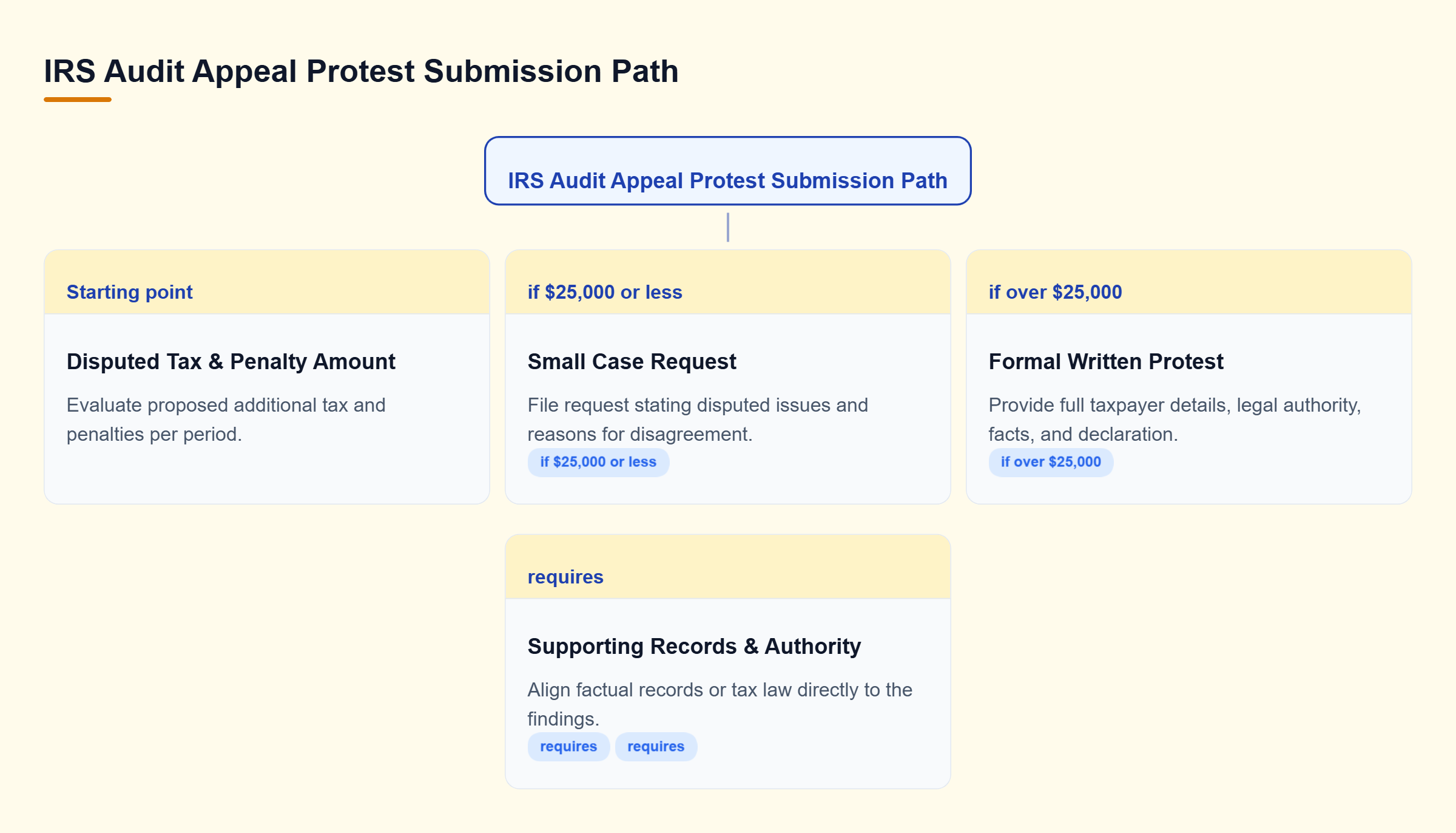 Diagram: Decision tree mapping $25,000 threshold to Small Case Request or Formal Written Protest, then linking to supporting evidence requirements.