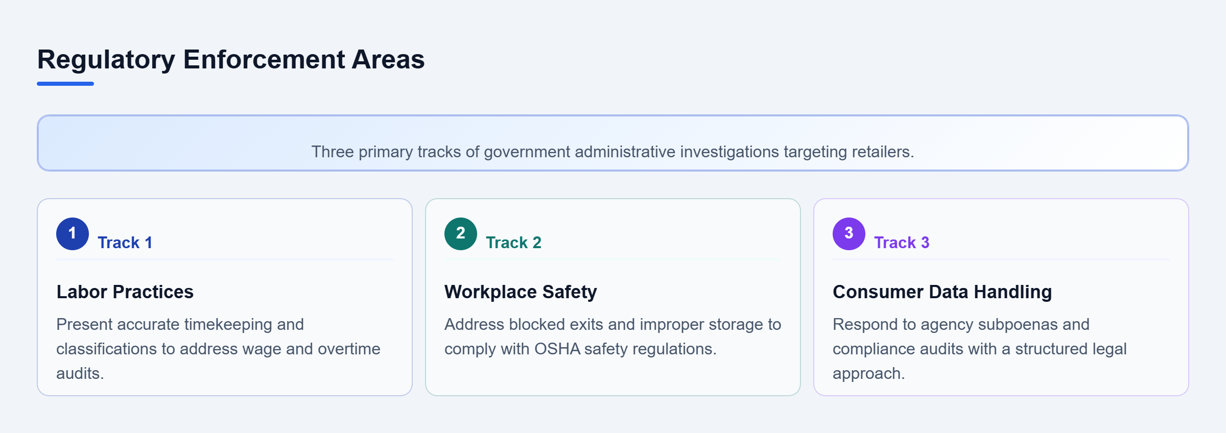 Diagram: Parallel checklist showing three regulatory targets: labor practices, workplace safety protocols, and consumer data handling.