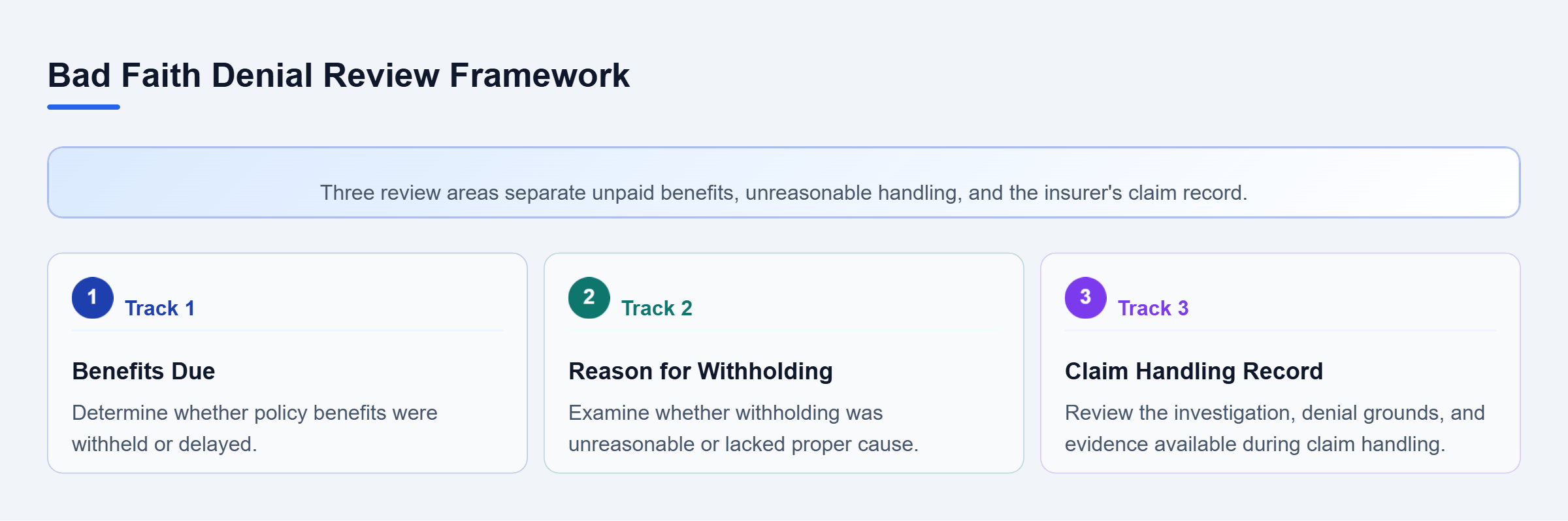 Diagram: Three parallel review areas examine unpaid policy benefits, unreasonable withholding or delay, and the insurer's investigation and evidence.
