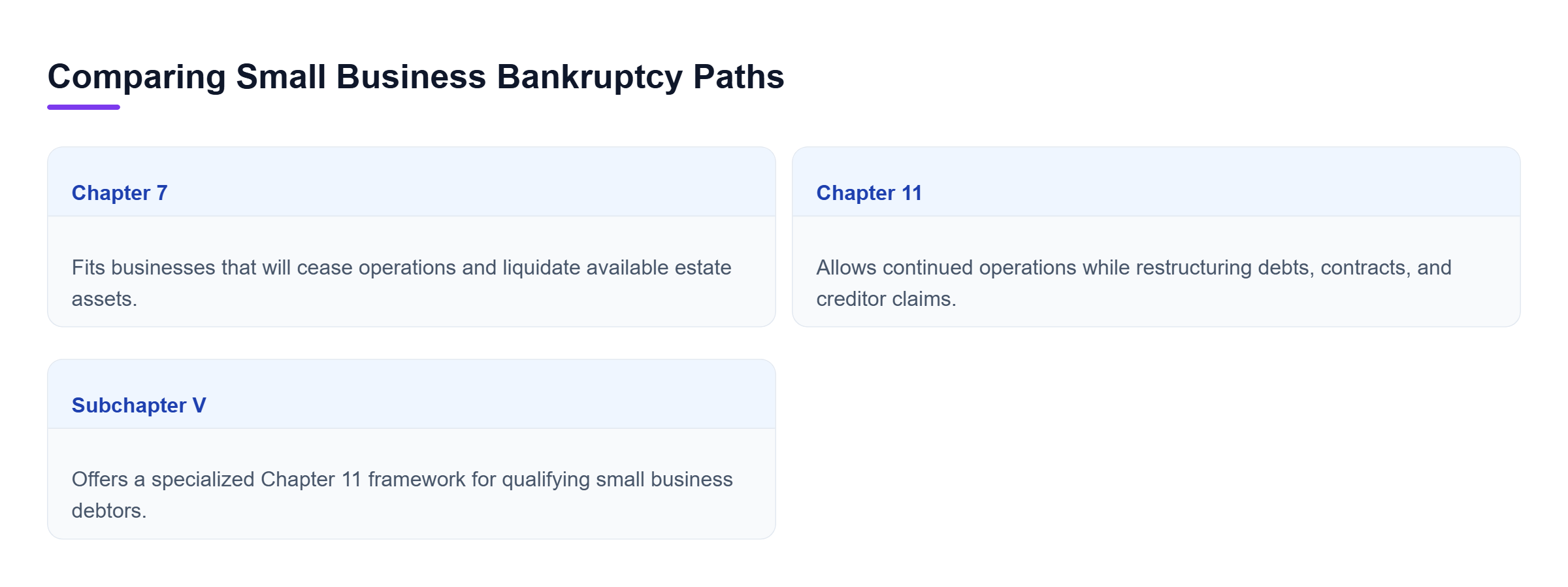 Diagram: Comparison of Chapter 7 liquidation, Chapter 11 reorganization, and Subchapter V for qualifying small businesses seeking reorganization.