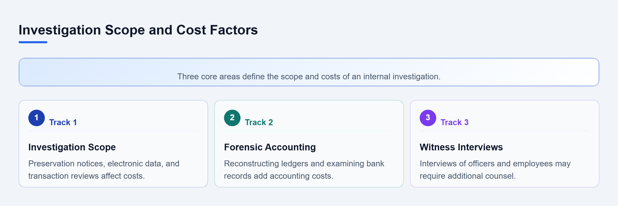 Diagram: A vertical checklist flow showing three parallel tracks: scope parameters, forensic accounting scope expansion, and witness interview complexity.
