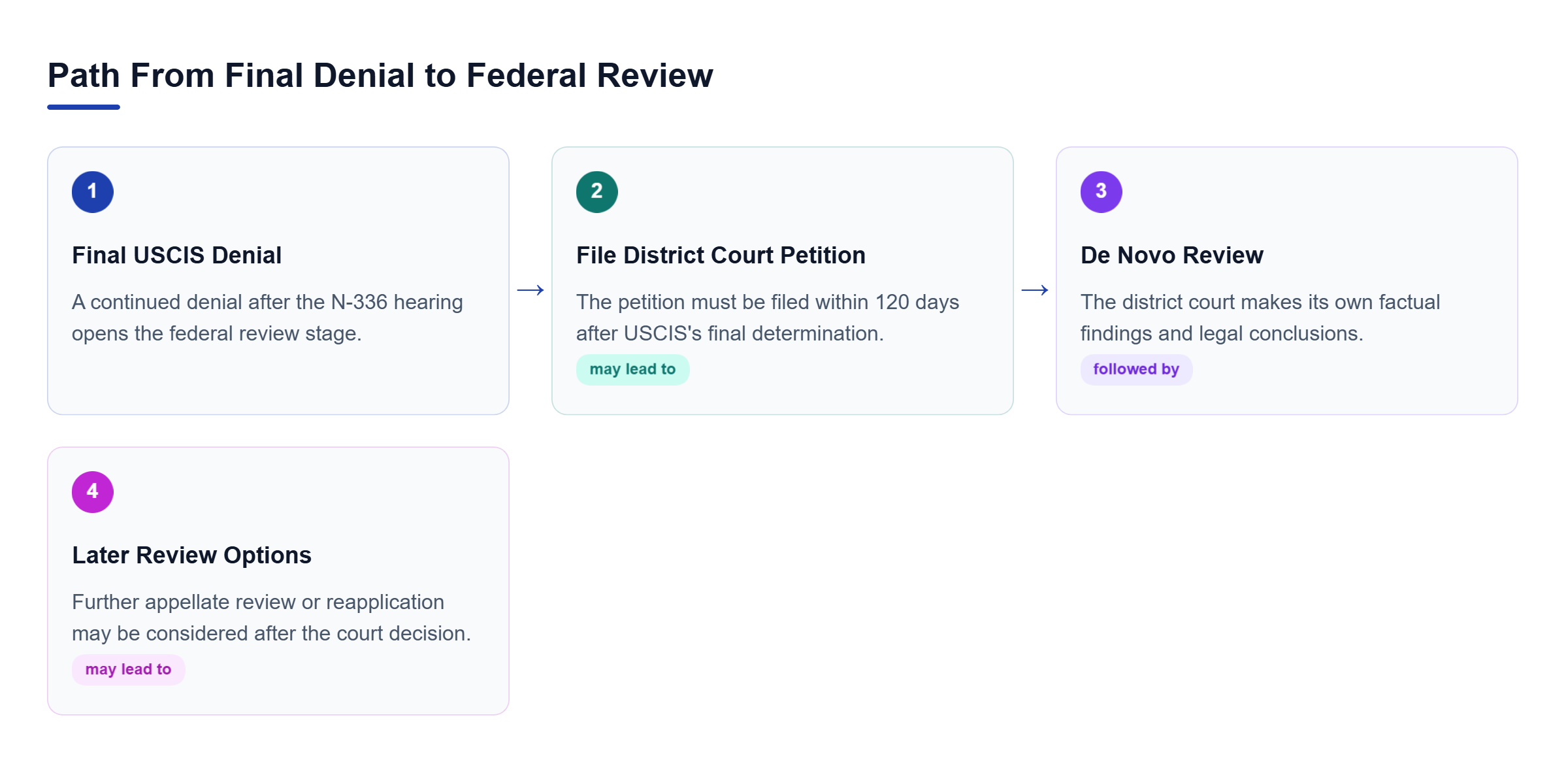 Diagram: Process from a final USCIS denial to a district court petition, de novo review, and possible appellate review or reapplication.