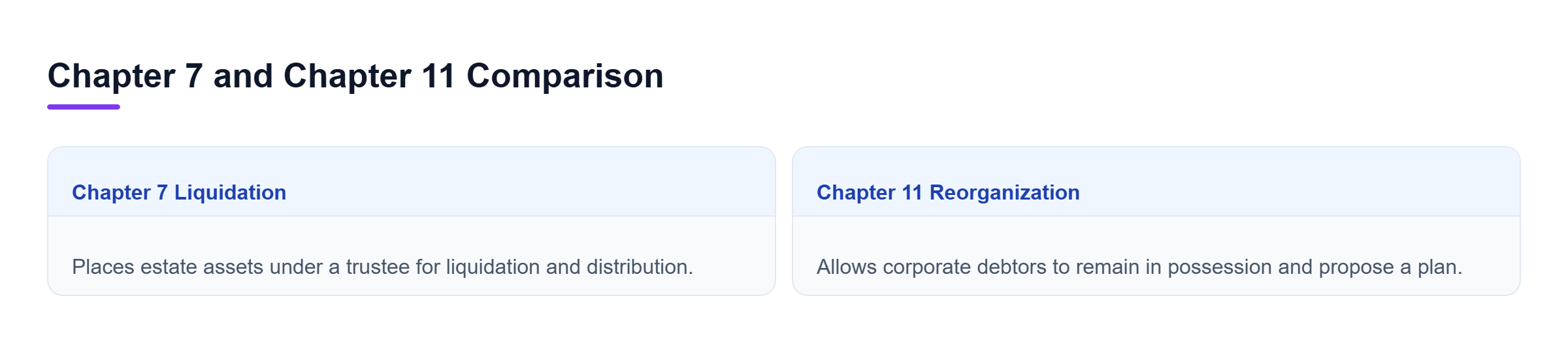 Diagram: Comparison of Chapter 7 liquidation and Chapter 11 reorganization options.