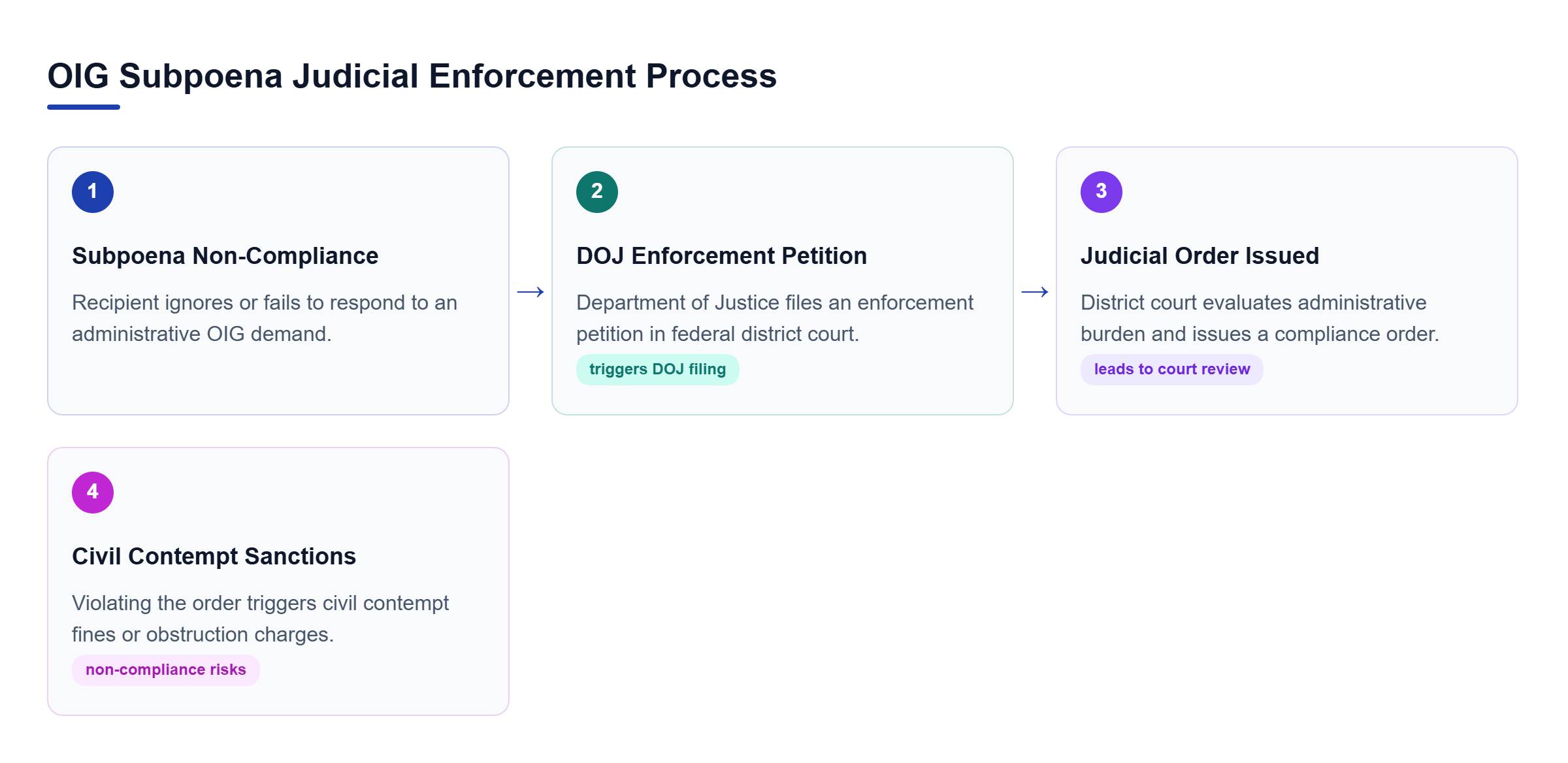 Diagram: Flowchart showing judicial enforcement stages: subpoena non-compliance triggers a DOJ court petition, leading to a judicial order and potential contempt penalties.