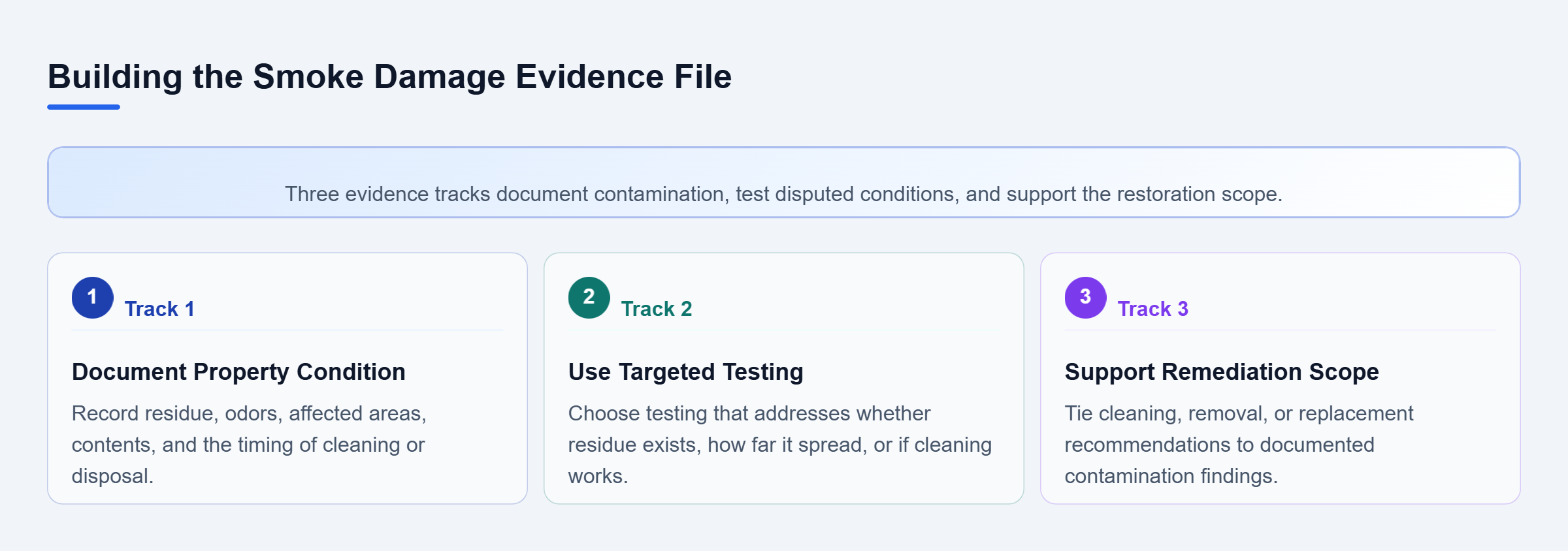 Diagram: Three parallel evidence tracks for a smoke claim: document property conditions, use targeted testing, and connect remediation recommendations to findings.