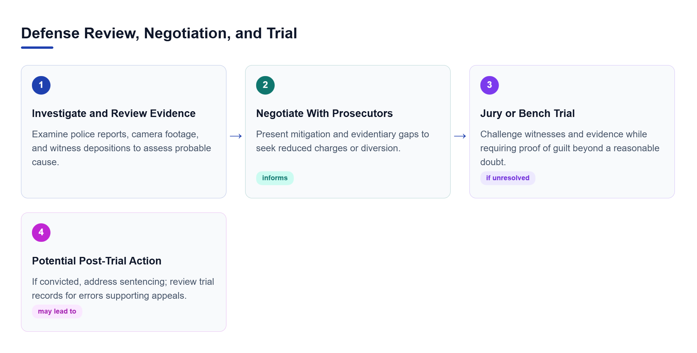 Diagram: Evidence review informs plea negotiations; without an acceptable resolution, trial follows, with sentencing if convicted and record review for potential appeals.