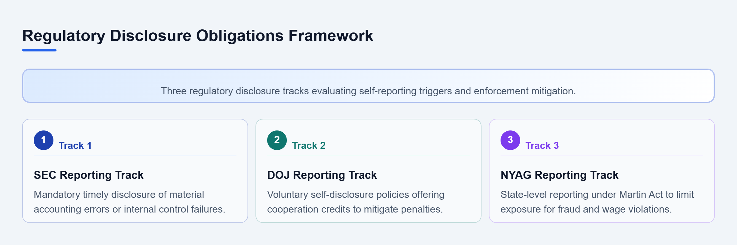 Diagram: Comparison of SEC, DOJ, and NYAG regulatory disclosure triggers and potential reporting benefits.
