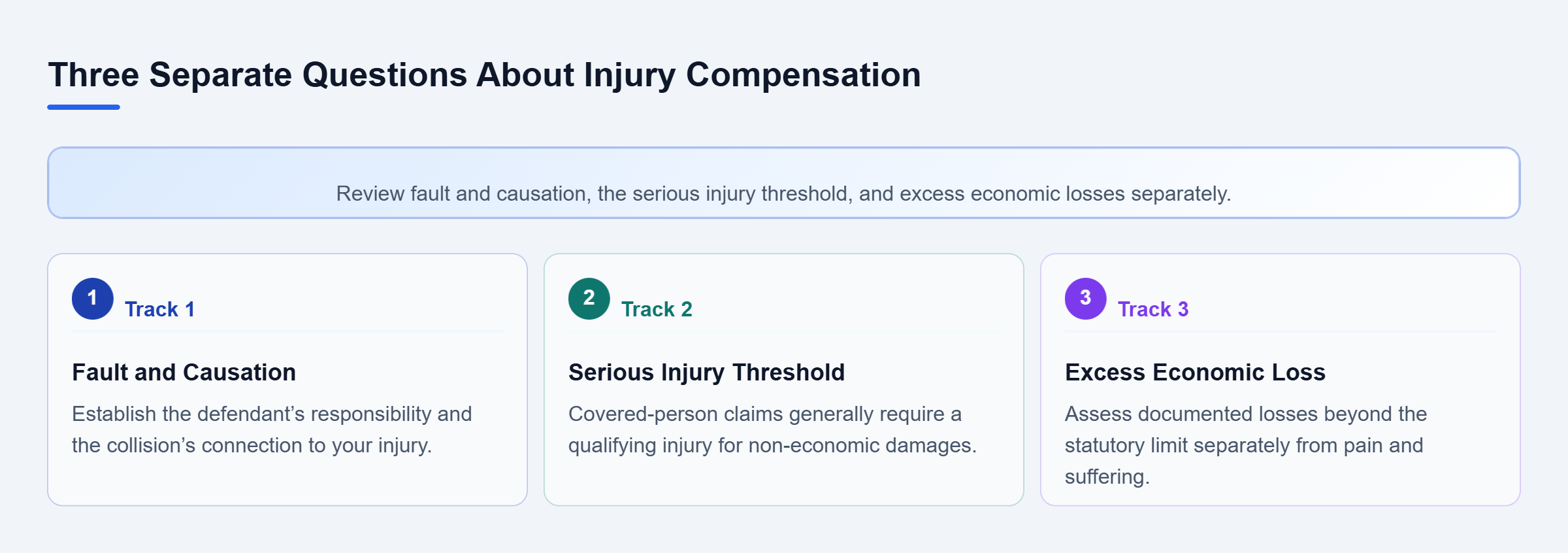 Diagram: Three review tracks distinguish responsibility and causation from serious injury requirements and economic losses beyond the statutory basic economic loss limit.