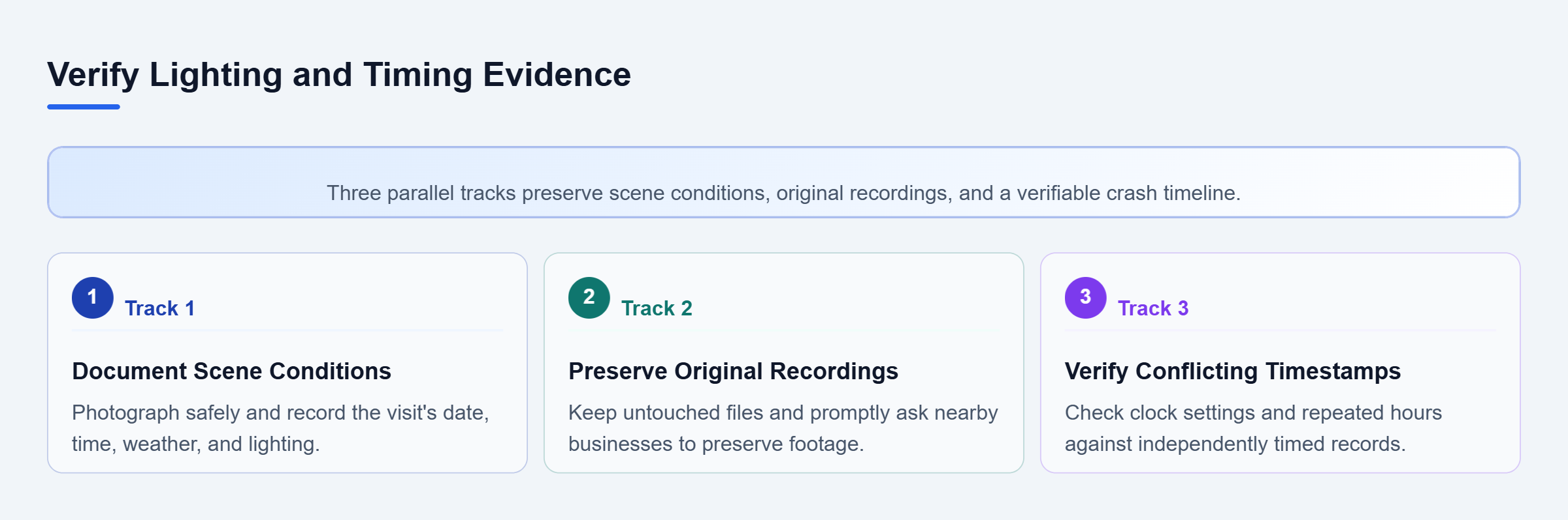 Diagram: Parallel checks document lighting, preserve original footage, and compare timestamps with independent records without assuming a discrepancy invalidates the video.