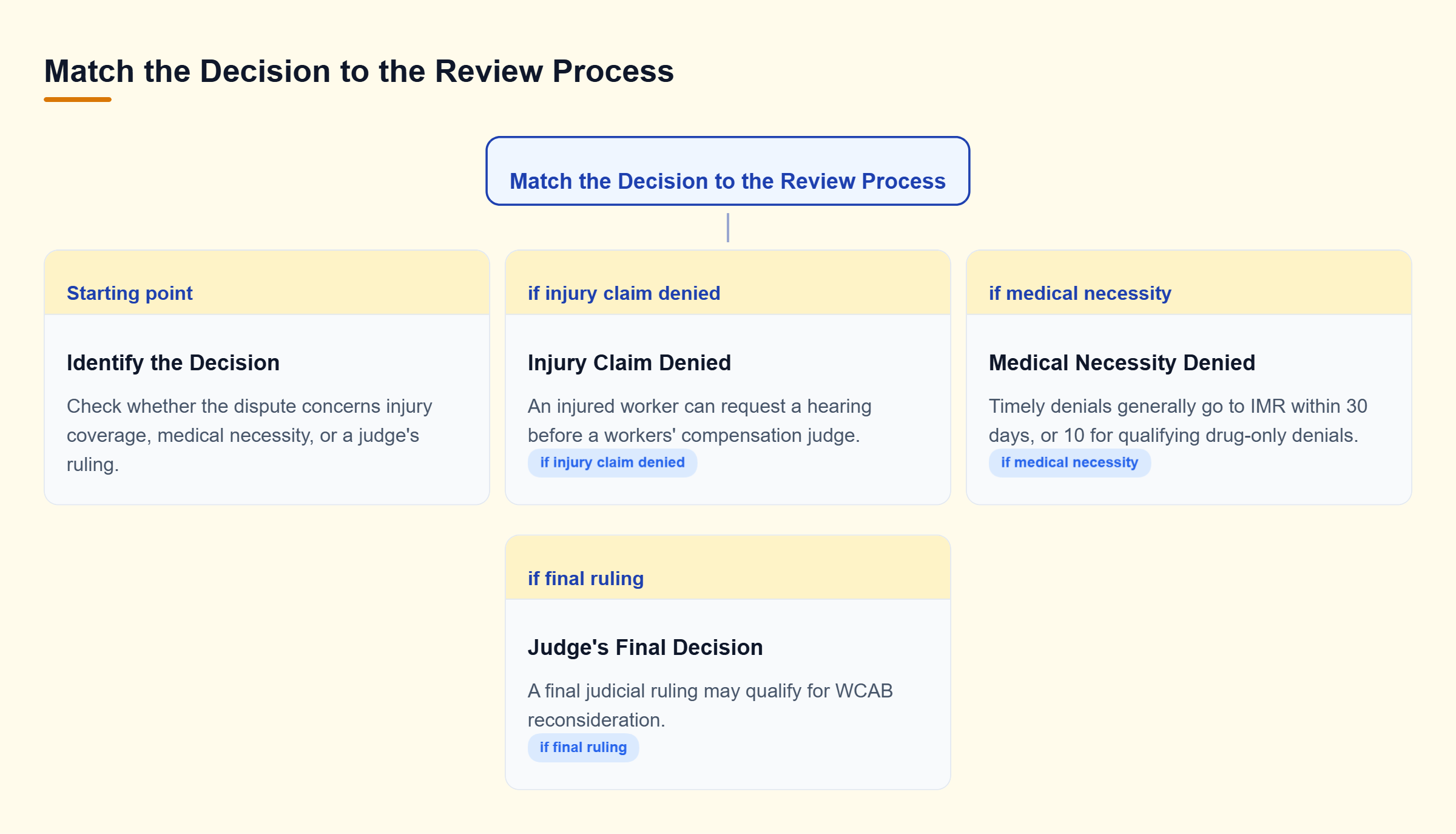 Diagram: A decision tree separates denied injury claims, medical-necessity denials, and final judicial decisions into their corresponding review procedures.