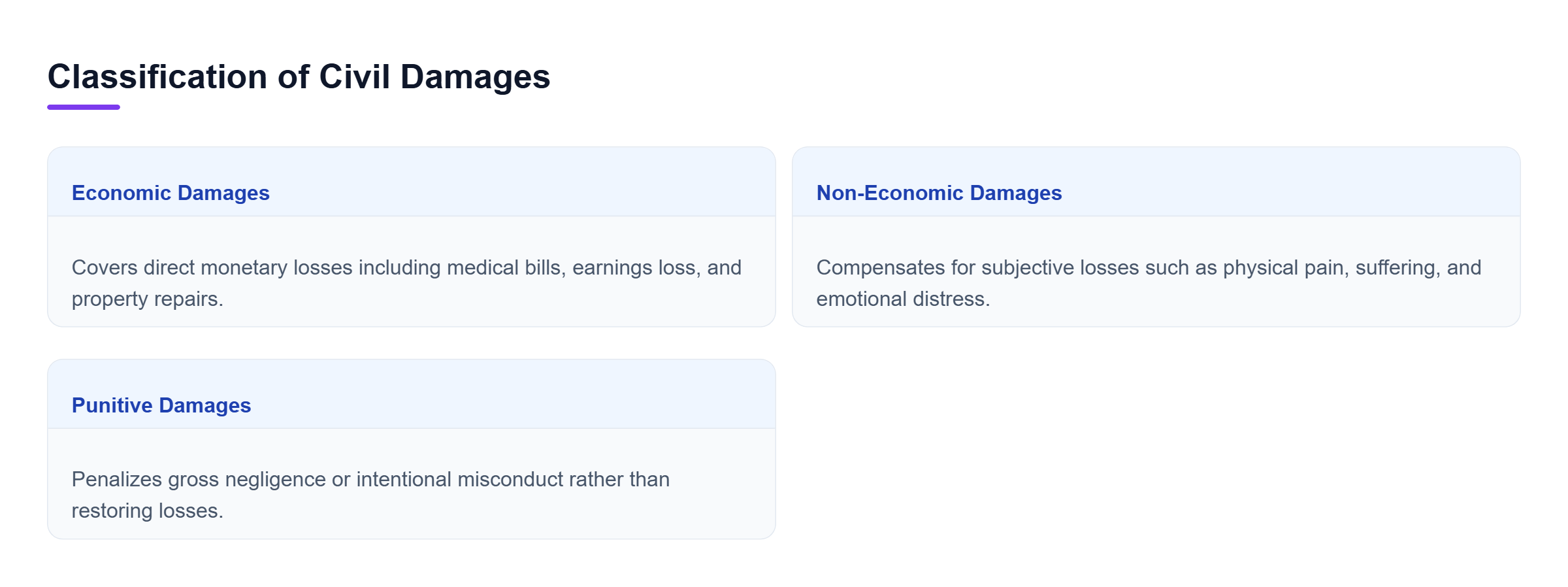 Diagram: Comparison showing economic damages for monetary losses, non-economic damages for subjective suffering, and punitive damages for gross misconduct.