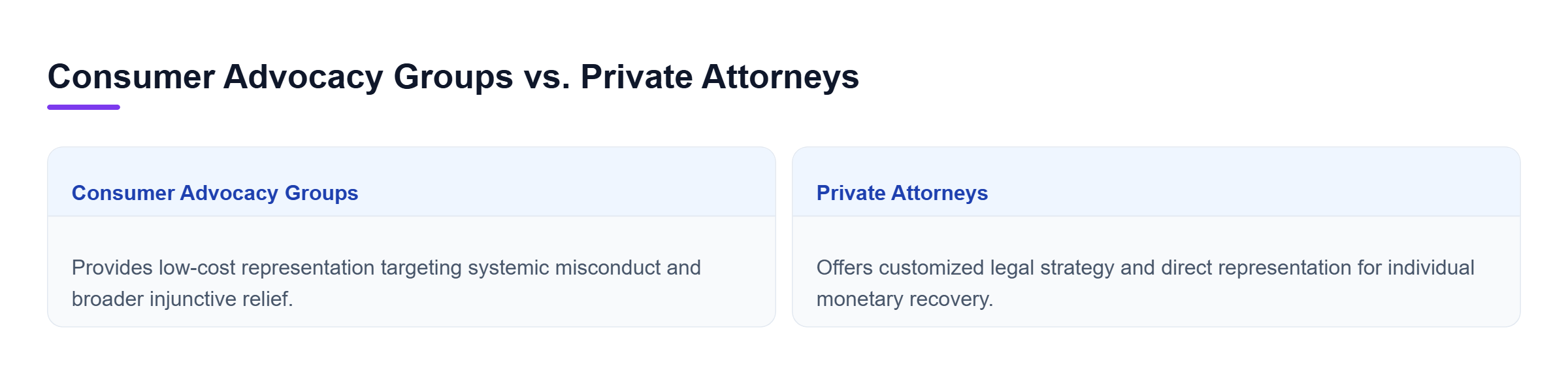 Diagram: Comparison of consumer advocacy groups focusing on systemic public interest claims versus private attorneys providing tailored individual representation.